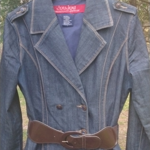 Joujou Womens Jean Jacket Blue Denim Double Breasted Collar Belted size Large - Picture 8 of 15